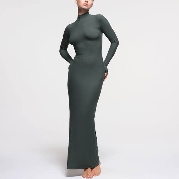 knee length dresses for ladies SKIMS Soft Lounge Turtleneck Long Sleeve Slip Dress Onyx